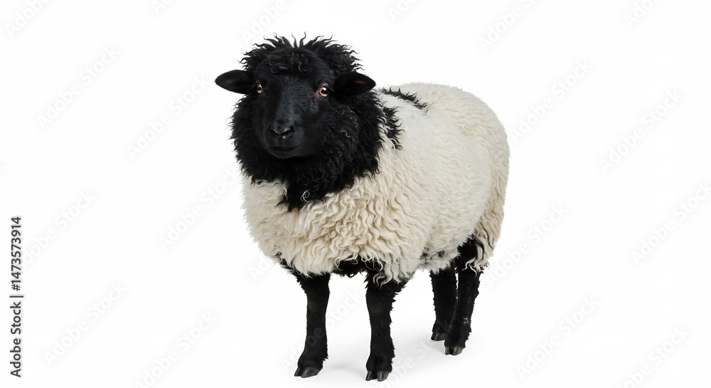 Obraz premium 白い背景 美しい黒と白の羊 静かに立つ 毛並みふかふか. AI Generated