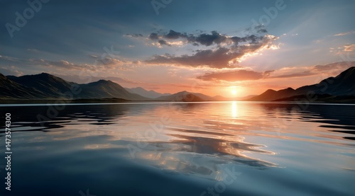 Beautiful Sunset Over Tranquil Lake Surrounded by Mountains and Trees