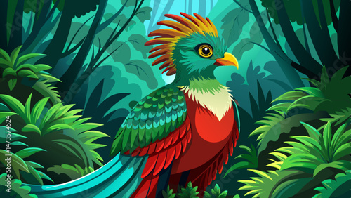 Resplendent Quetzal, Pharomachrus mocinno, from Chiapas, Mexico with green forest background. Tropic bird. Magnificent sacred green and red bird. Detail forest hidden Resplendent Quetzal. Very beautif