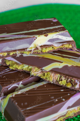 Trendy milk Angel Hair Chocolate bar with Turkish pishmaniye cotton candy filling close up