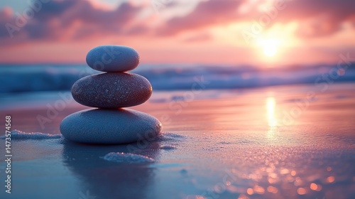 A minimalist composition featuring smooth, polished stones arranged in a delicate balance on a sandy beach at sunset, symbolizing harmony and tranquility