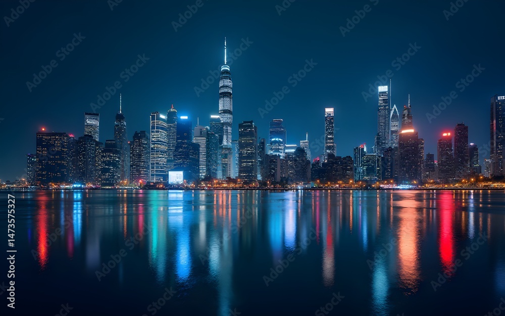 Fototapeta premium Reflective Cityscape at Night with Illuminated Skyscrapers. High quality