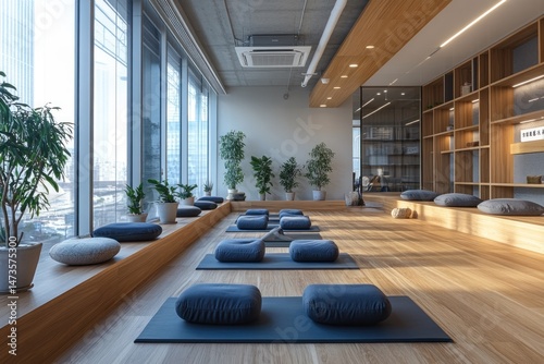 Modern, minimalist yoga studio with floor-to-ceiling windows