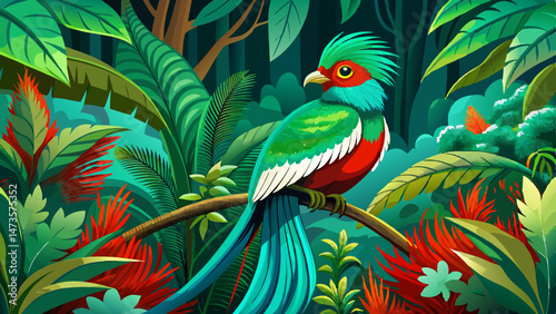 Resplendent Quetzal, Pharomachrus mocinno, from Chiapas, Mexico with green forest background. Tropic bird. Magnificent sacred green and red bird. Detail forest hidden Resplendent Quetzal. Very beautif
