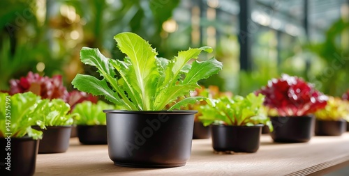Fresh Lettuce Grown in Black Pots at a Sunny Greenhouse During Afternoon Hours