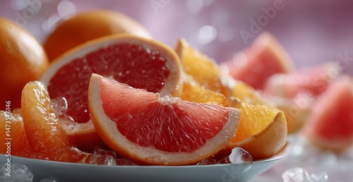 Freshly Sliced Citrus Fruits on a Plate With Ice in a Bright Setting During D...