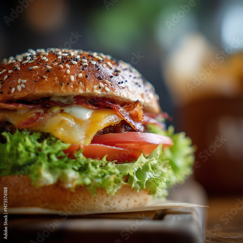 Macro shot of a juicy burger with layers of lettuce, tomato, cheese, and a sesame seed bun, highlighting textures and freshness