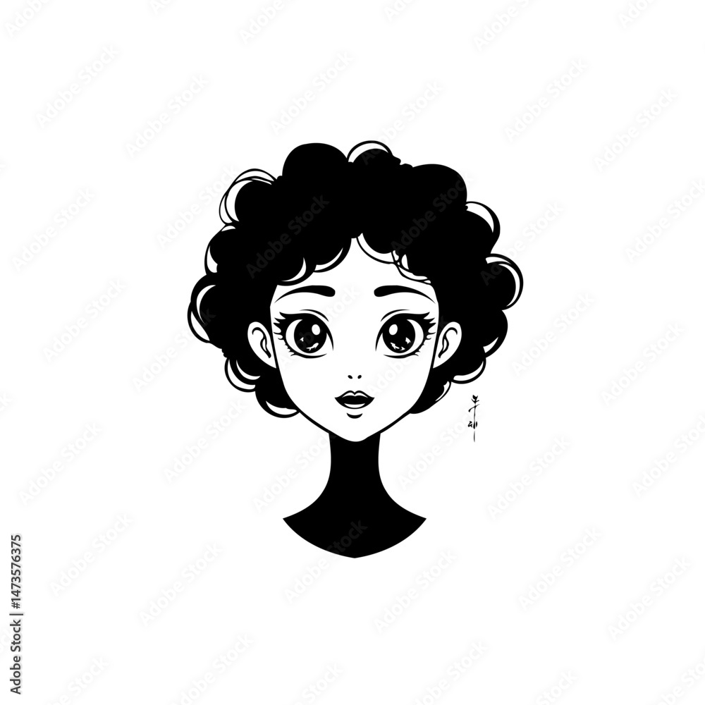 Elegant monochrome portrait of a stylized young woman with curly hairstyle Elegant monochrome portrait of a stylized young woman with curly hairstyle