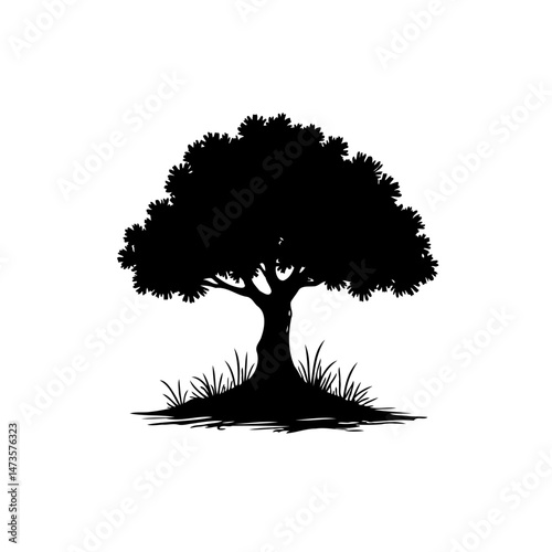 Monochrome majestic tree silhouette isolated on a crisp white background