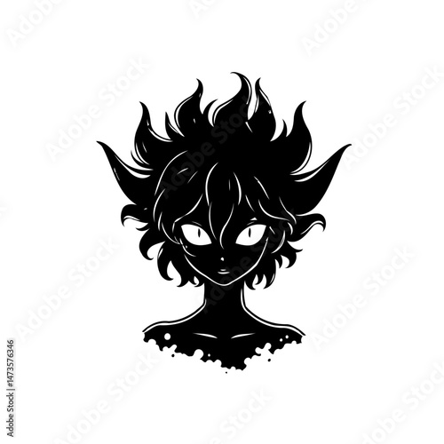 Stylized monochrome vector art portraying a mystical entity with glowing eyes