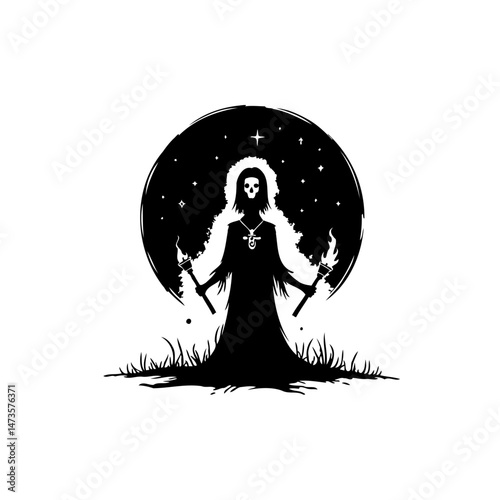 Silhouette of a spectral figure with torches against a celestial background