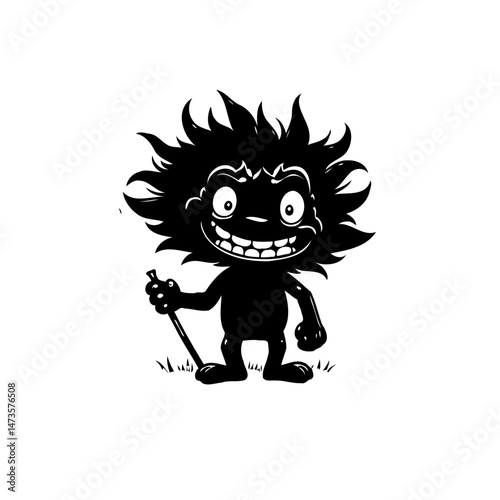 Whimsical forest sprite illustration with playful grin and walking stick