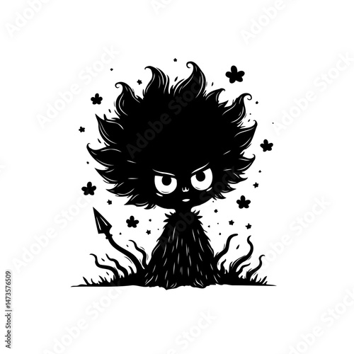 Monochrome whimsical character illustration with a playful, slightly mischievous aura