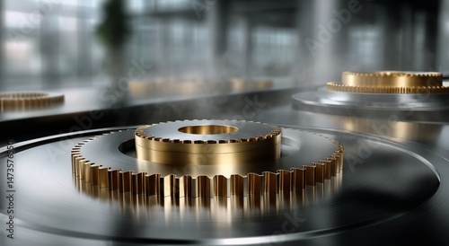 Metallic Gears in Motion Surrounded by Steam Create a Dynamic Industrial Atmo...