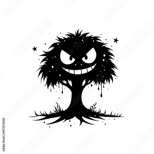 Silhouette of menacing cartoon tree with creepy grin on white backdrop