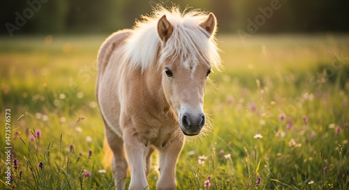夕陽輝く草原、愛らしい子馬が歩く. AI Generated