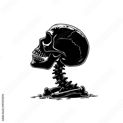 Monochrome skull artwork with simplified bone structure and glossy finish