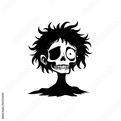 Monochrome Cartoon Zombie Portrait with Distressed Features and Spiky Hair