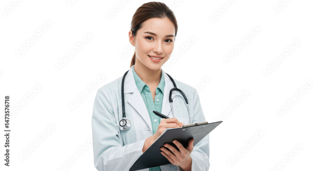 Smiling Female Doctor Writing on Clipboard, Isolated on Transparent PNG Background Smiling Female Doctor Writing on Clipboard, Isolated on Transparent PNG Background