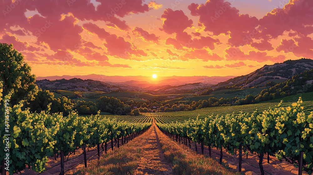 Naklejka premium A panoramic view of a sprawling vineyard in the rolling hills under a warm, golden sunset, with rows of grapevines stretching towards the horizon