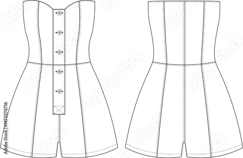sleeveless strapless sweetheart neck princess darted tailored buttoned denim jean bodycon fit jumpsuit romper template technical drawing flat sketch cad mockup fashion woman design style model 
