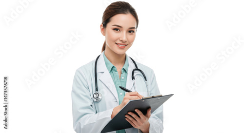 Smiling Female Doctor Writing on Clipboard, Isolated on Transparent PNG Background