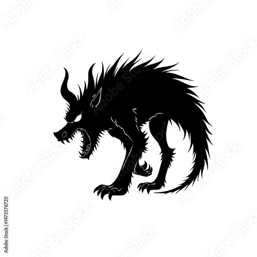 Menacing horned creature silhouette exhibiting ferocious aggression on clear backdrop