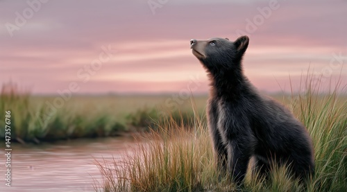 Young Bear Gazes at Colorful Sky Near Water at Dusk