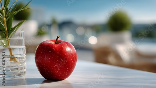 Fresh Red Apple on a Marble Countertop With a Blurred Outdoor Backdrop and Na...