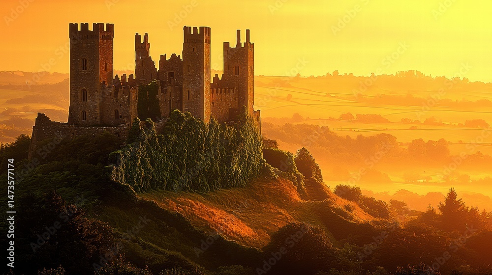 Fototapeta premium Enchanting castle with towering spires and stone walls set against a clear blue sky