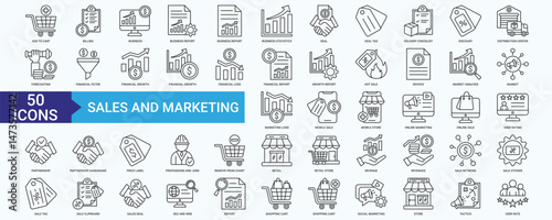 Sales and Marketing icon collection set. Containing With billing, business, report, statistics, deal, checklist, discount, distribution, forecasting, financial icon. Simple vector