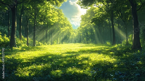 A peaceful forest clearing bathed in soft sunlight, with tall trees casting long shadows and a gentle breeze rustling the leaves A sanctuary of natural calm