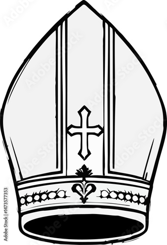 Minimalist Bishop Mitre Hat with Cross – Hand Drawn Christian Clergy Headdress Vector Illustration