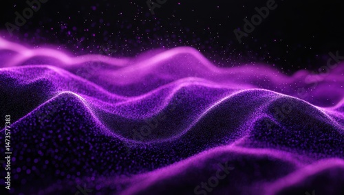 Purple digital landscape with particle waves.  Abstract, vibrant, and dynamic