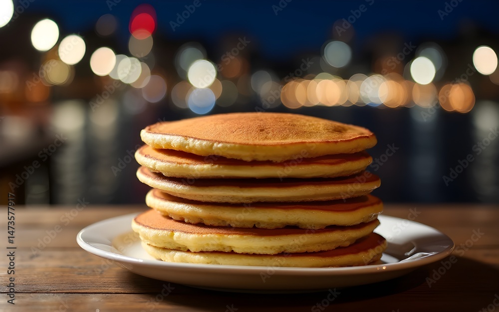 custom made wallpaper toronto digitalHigh Stack of Golden Brown Pancakes at Night with City Lights in Background. High quality