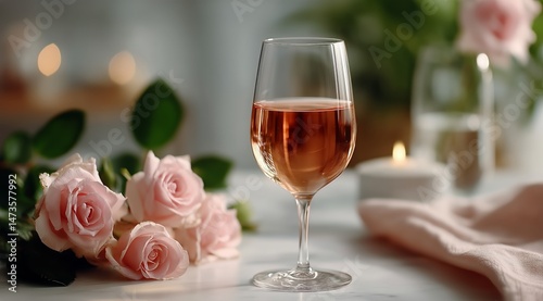 Elegant Rose Wine With Pink Roses and Candle in a Cozy Setting During an Inti...