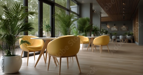 Modern Interior Design in Serene Cafe With Yellow Chairs and Greenery