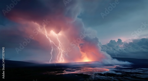Striking Lightning Illuminates a Dramatic Landscape During a Stormy Night Nea...
