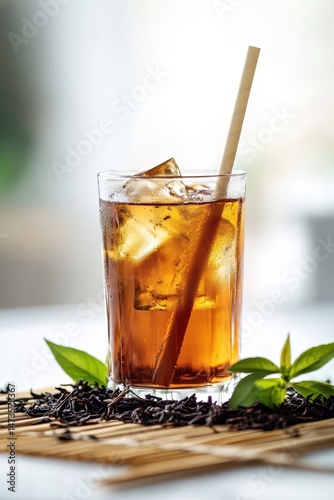 Iced tea in a glass with ice and straw
