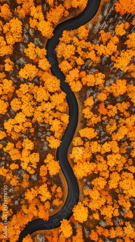 Curvy black road cutting through vibrant orange autumn forest viewed from above in fall season
