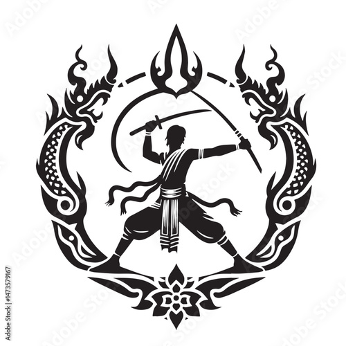 Krabi-Krabong (Thailand - weapon-based martial art) Silhouette line art vector illustration on white background