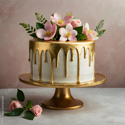 Elegant Two Tiered Floral Birthday Cake with Golden Accents


