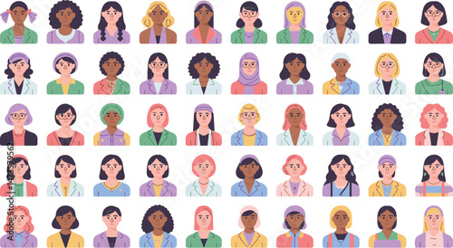 Flat style vector icons set depicting diverse female characters, each uniquely representing different professions and cultural backgrounds in vibrant colors