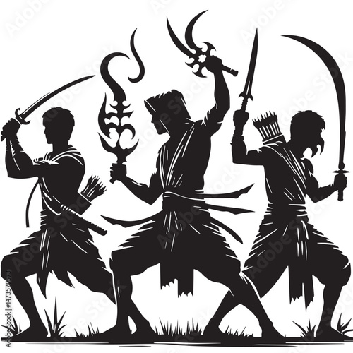 Krabi-Krabong (Thailand - weapon-based martial art) Silhouette line art vector illustration on white background