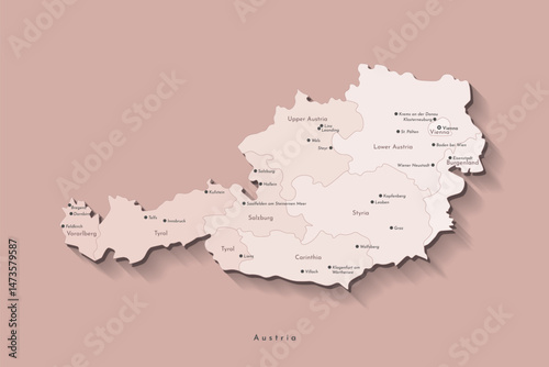 Vector isolated illustration. Simplified administrative map of Austria in beige colors. Brown background and outlines. Names of austrian cities and states.