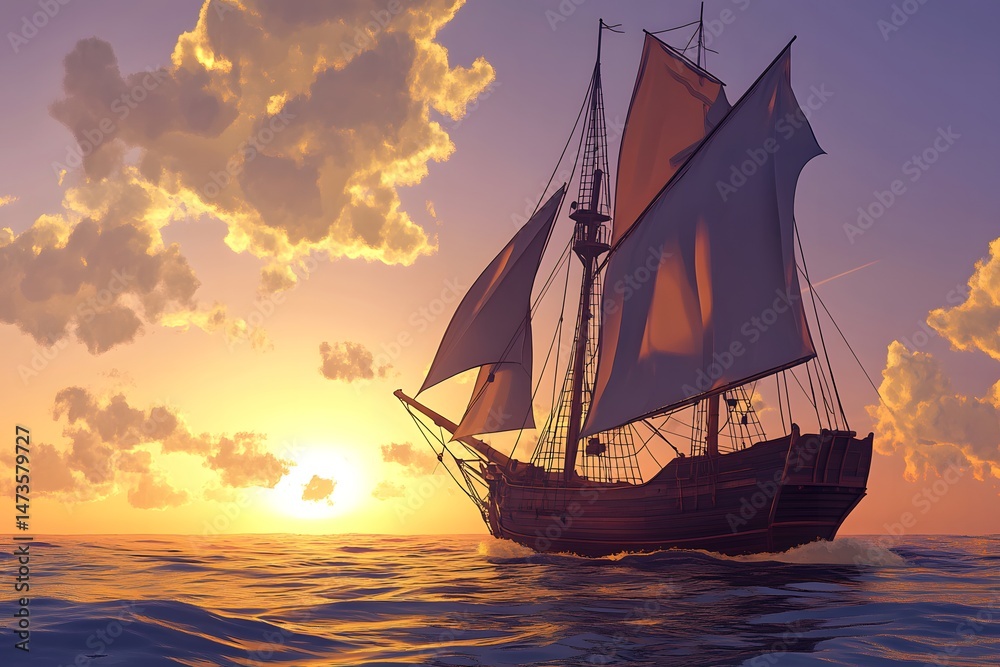 Fototapeta premium A sailing ship on the ocean at sunset with clouds in the sky and sun reflecting on the water surface