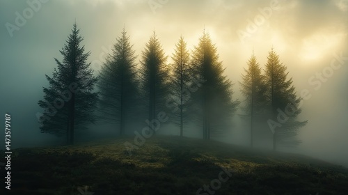 A photograph of a misty forest with tall trees disappearing into the fog, creating a sense of mystery and atmosphere, evoking a feeling of being lost in nature