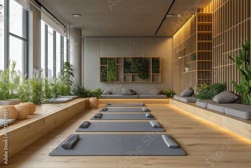 Modern Zen-inspired yoga studio with natural elements