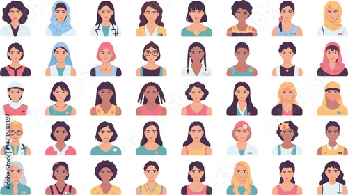 Collection of flat vector icons illustrating diverse women from various professions and cultures, each character portrayed with unique attire and accessories