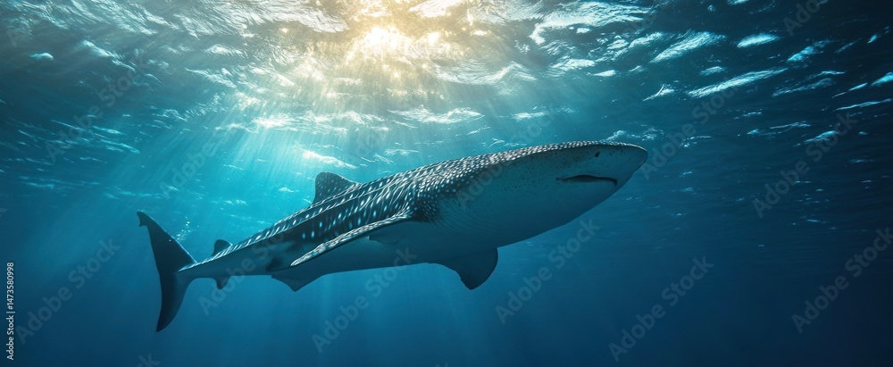 Naklejka premium Whale Shark Swimming Through Sunlit Ocean Water
